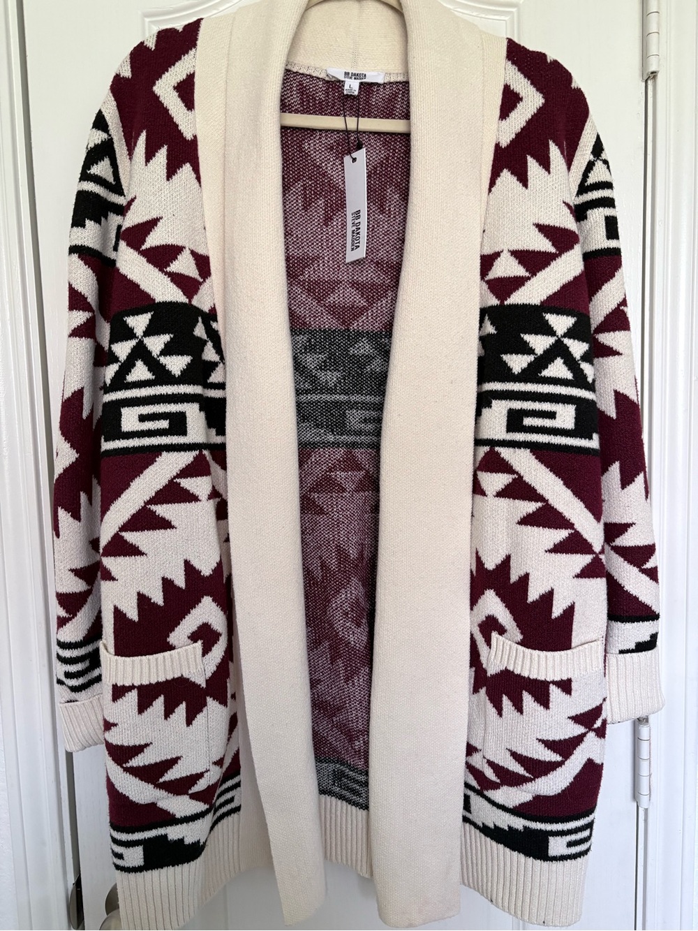 BB Dakota Cream, Burgundy & Black Aztec Open Cardigan